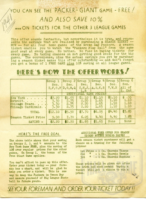 1941 Packers Season Ticket Information Sheet