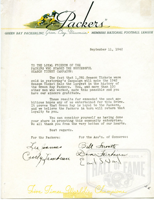 Sept. 11, 1942 Packers Season Ticket Campaign Letter