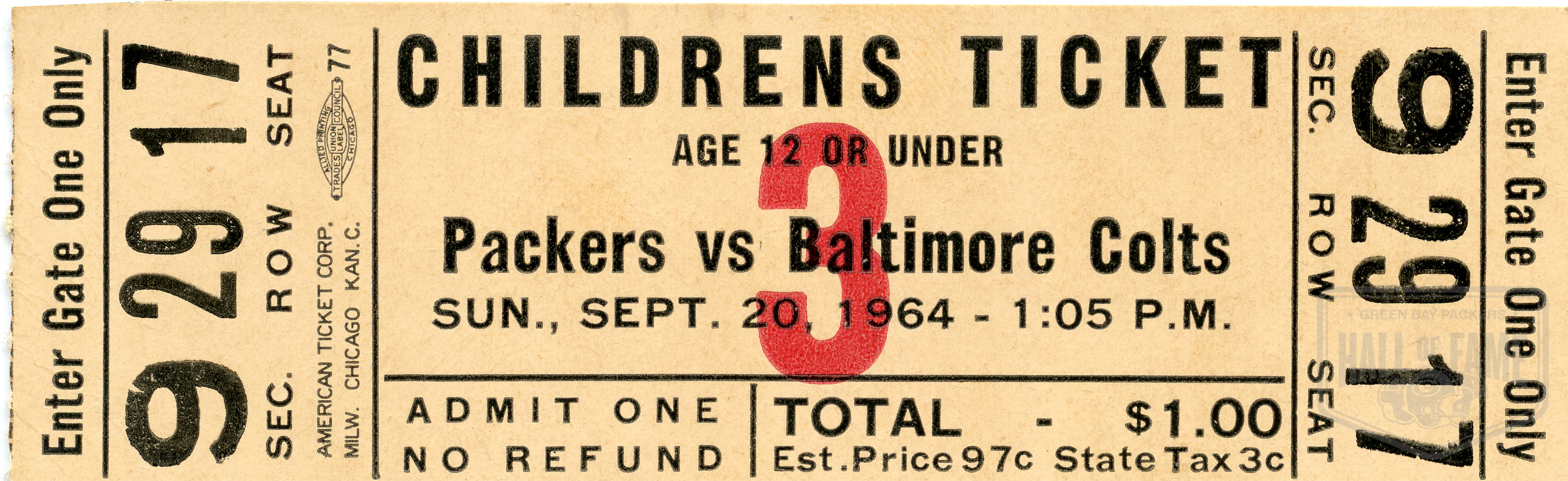 Sept. 20, 1964 Green Bay Packers Children's Ticket