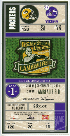 Sept. 7, 2003 Green Bay Packers Ticket - loan by D Milliren